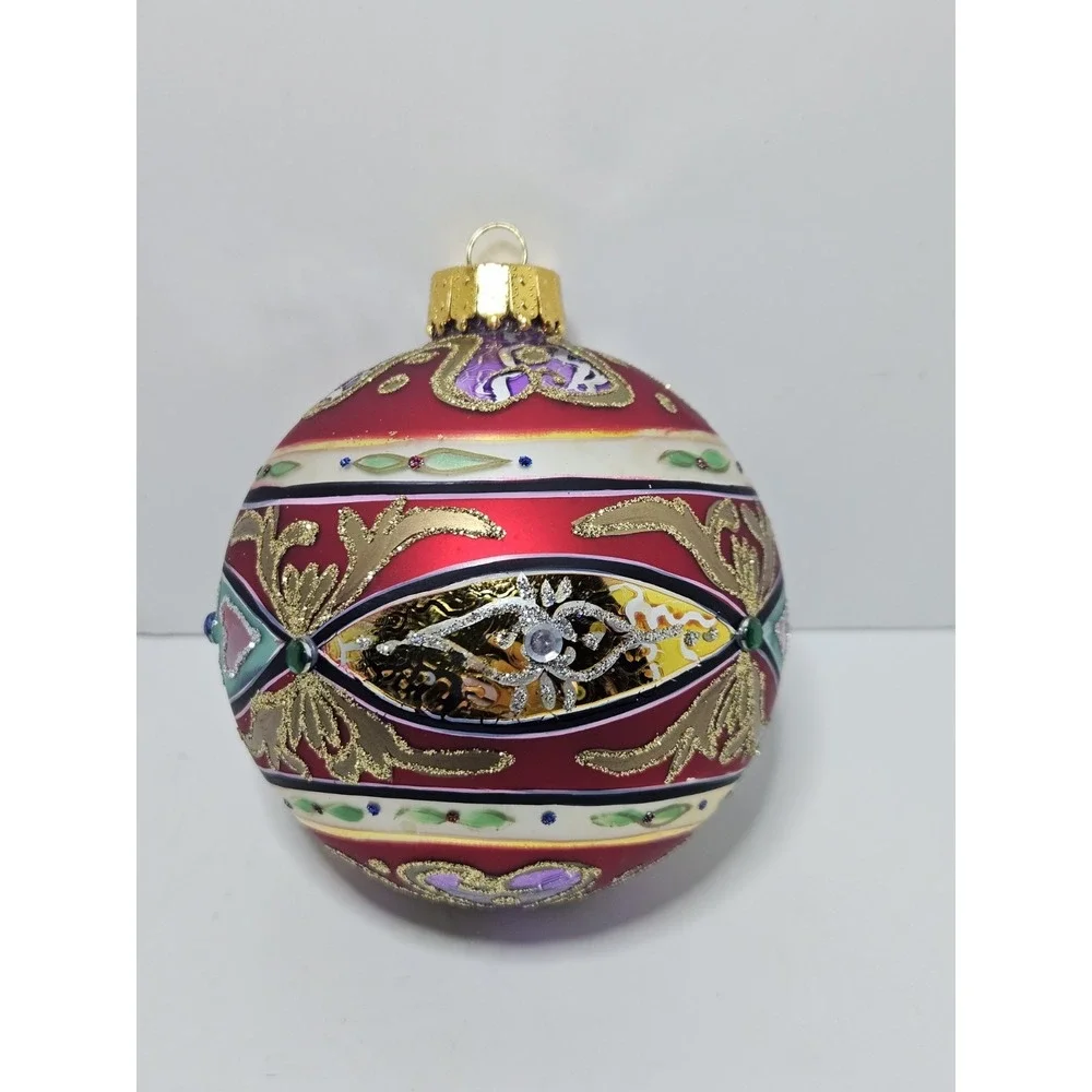 Set of 2 Polish Blown Glass Christmas Ornaments Red Ball Purple Bell Glitter Vtg